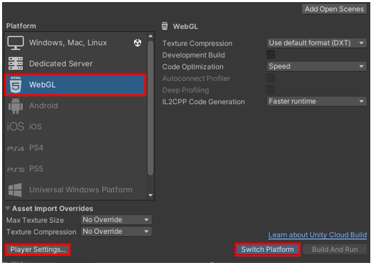 Unity 「Build Settings」を選択、 Platform「WebGL」を選択し、「Swich Platform」をクリック